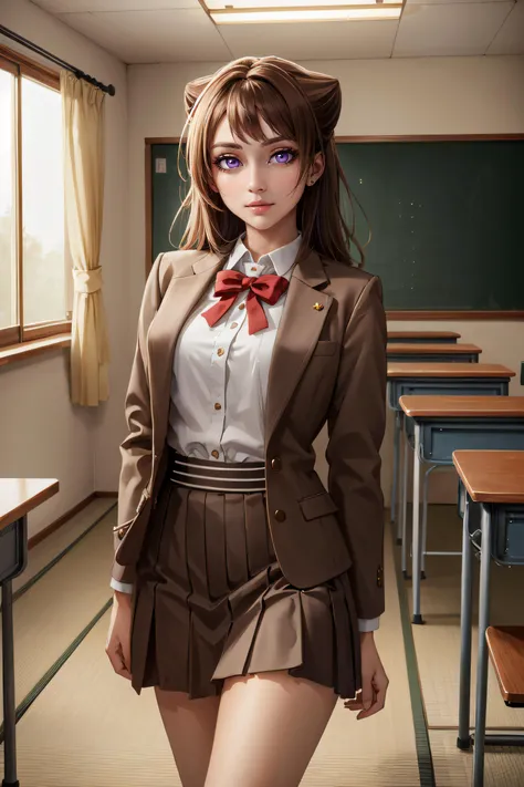 (masterpiece, best quality, ultra detailed, absurdres:1.5), 1girl, (sexy, beautiful woman, perfect face, perfect eyes, perfect female body:1.5), (toyama kasumi, brown hair, cone hair bun, star hair ornament, school uniform, brown skirt, brown blazer, white shirt, bowtie, black socks, loafers, holding guitar, <lora:bangdream_toyama-10:1>), (standing, indoors, Japanese high school), perfect lighting, smooth, hdr