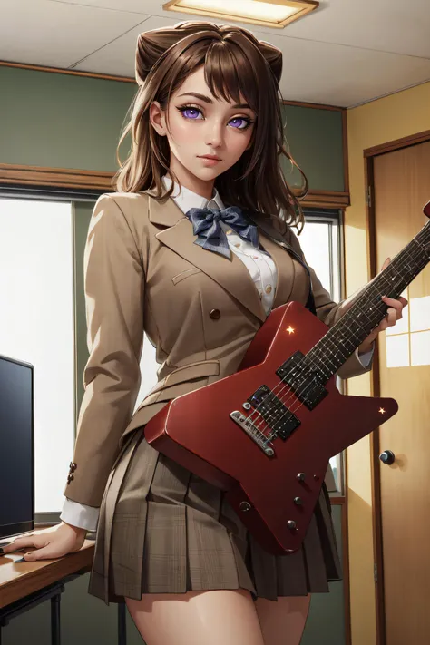 (masterpiece, best quality, ultra detailed, absurdres:1.5), 1girl, (sexy, beautiful woman, perfect face, perfect eyes, perfect female body:1.5), (toyama kasumi, brown hair, cone hair bun, star hair ornament, school uniform, brown skirt, brown blazer, white shirt, bowtie, black socks, loafers, playing guitar, holding instrument, <lora:bangdream_toyama-10:1>), (standing, indoors, Japanese high school), perfect lighting, smooth, hdr