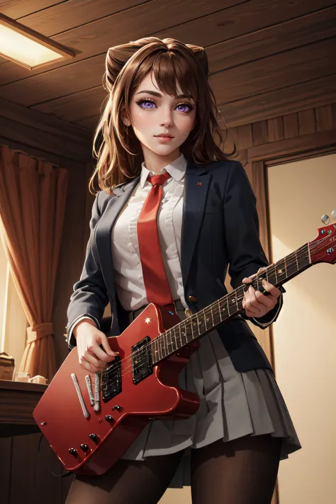 (masterpiece, best quality, ultra detailed, absurdres:1.5), 1girl, (sexy, beautiful woman, perfect face, perfect eyes, perfect female body:1.5), (toyama kasumi, brown hair, cone hair bun, star hair ornament, pleated skirt, shirt, necktie, blazer, pantyhose, mary janes, playing guitar, holding instrument, <lora:bangdream_toyama-10:1>), (standing, indoors, concert), perfect lighting, smooth, hdr