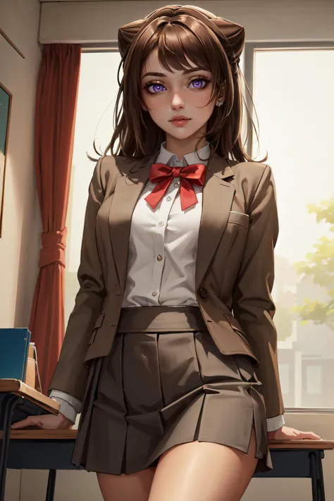 (masterpiece, best quality, ultra detailed, absurdres:1.5), 1girl, (sexy, beautiful woman, perfect face, perfect eyes, perfect female body:1.5), (toyama kasumi, brown hair, cone hair bun, star hair ornament, school uniform, brown skirt, brown blazer, white shirt, bowtie, black socks, loafers, <lora:bangdream_toyama-10:1>), (standing, indoors, Japanese high school), perfect lighting, smooth, hdr