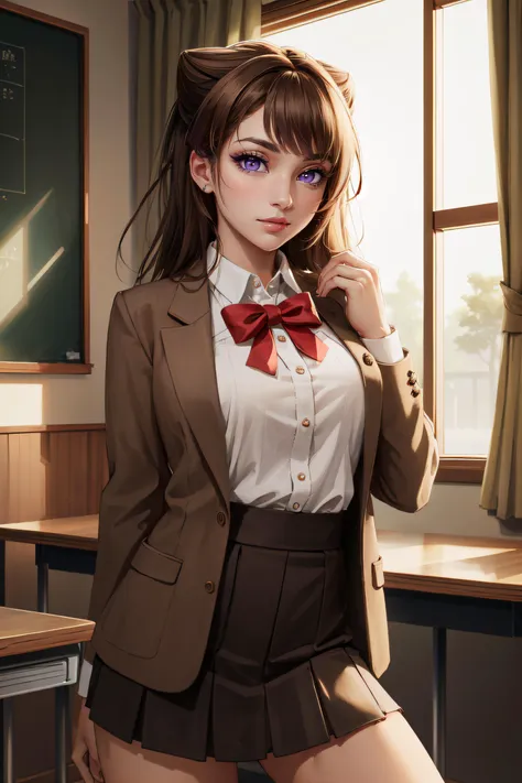 (masterpiece, best quality, ultra detailed, absurdres:1.5), 1girl, (sexy, beautiful woman, perfect face, perfect eyes, perfect female body:1.5), (toyama kasumi, brown hair, cone hair bun, star hair ornament, school uniform, brown skirt, brown blazer, white shirt, bowtie, black socks, loafers, <lora:bangdream_toyama-10:1>), (standing, indoors, Japanese high school), perfect lighting, smooth, hdr