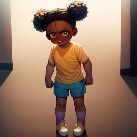 ((masterpiece, best quality)), 1girl, child, solo, full body, Amanda, shirt, blue shorts, dark skin, black hair, hair bun, brown eyes, purple  socks, yellow shoes,  <lora:AmandaTheAdventurer1:0.8>, angry,