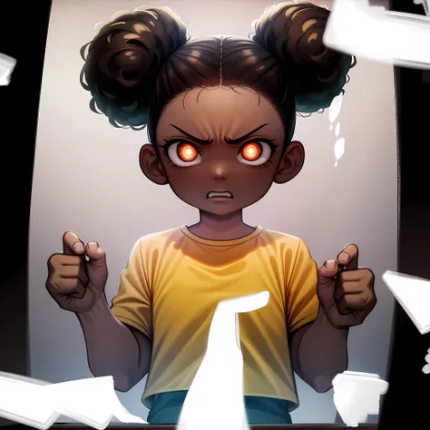 ((masterpiece, best quality)), 1girl, solo, upper body, Amanda, shirt, blue shorts, dark skin, black hair, hair bun, brown eyes, purple socks, yellow shoes, <lora:AmandaTheAdventurer1:0.8>, angry, glowing eyes, glitch, television border, ominous,