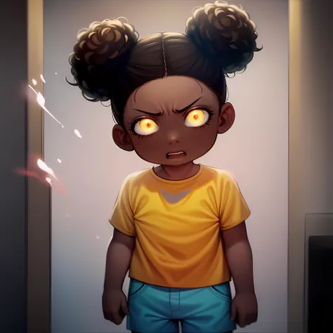 ((masterpiece, best quality)), 1girl, solo, upper body, Amanda, shirt, blue shorts, dark skin, black hair, hair bun, brown eyes, purple socks, yellow shoes, <lora:AmandaTheAdventurer1:0.8>, angry, glowing eyes, glitch,