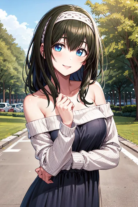 masterpiece, best quality, highres,ultra-detailed,
looking at viewer,
1girl,(solo:1.1),smile,
aafumika, idolmaster, long hair, hairband,
sweater dress, strapless, off shoulder, collarbone,
<lora:ref-ban:1.5> <lora:airintake_gen2:-2> <lora:sagisawa_fumika_v1:0.7>