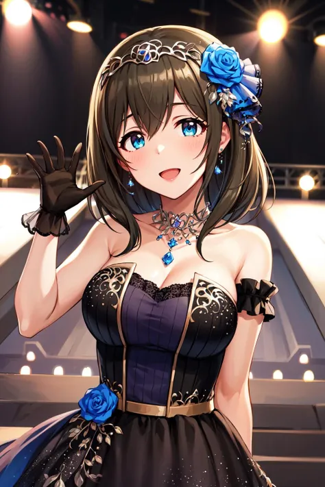 top-quality、Full limbs、complete fingers、Slender beauty、straight haired、Brown hair、Deleste、Blue, White and purple idol costume、high socks、Beautiful Large Breasts、Live Stage、Singing、Kneeling