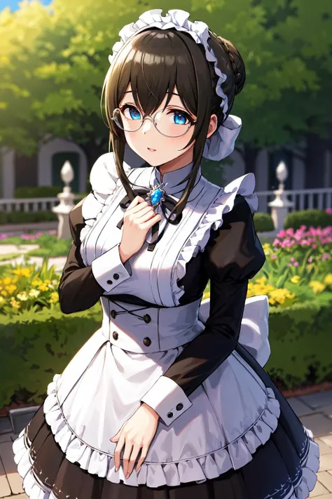 masterpiece, best quality, highres, eefumika, idolmaster, single hair bun, maid headdress, sidelocks, glasses, frills, brooch, maid, black dress, puffy sleeves, long sleeves, maid apron, white apron, <lora:sagisawa_fumika_v1:0.8>, garden, standing, cowboy shot,