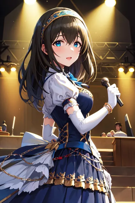 masterpiece, best quality, highres, fffumika, idolmaster, long hair, hairband, blue dress, puffy short sleeves, bracelet, elbow gloves, white gloves, <lora:sagisawa_fumika_v1:0.8>, standing, stage, cowboy shot, outdoors, arms at sides,