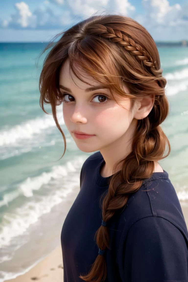(lenacassandre, 1girl, single braid:1.1), closeup, face, looking at viewer, portrait, brown hair, casual clothes, beach background <lora:single_braid-1.0:0.7> <lora:lenacassandre_v2:0.9>