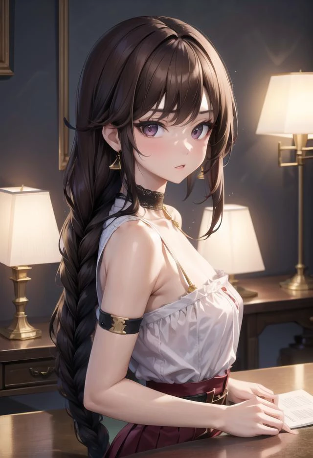 beautiful lighting, best quality, masterpiece, intricate detail, detailed background, shining skin, shining body, (shiny skin:1.2), looking at viewer, <lora:add_detail:0.5>, (fantasy), in a carriage, <lora:single_braid-1.0:0.8>, single braid, very long hair, black hair, brown hair, earrings, jeweled choker, sitting, from side, (light brown skin:1.3), blouse, skirt, fingerless gloves, hair ribbon, ruffles, lace, belt
