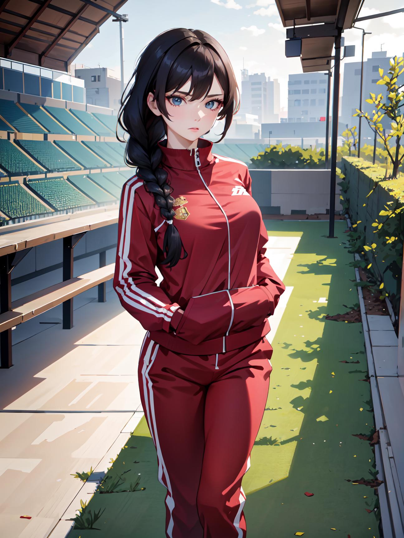 Anime girl in red tracksuit standing in a stadium with a baseball bat ...