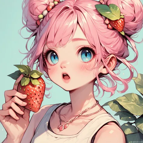 pastel style, 1girl, food, solo, fruit, pink hair, double bun, hair bun, jewelry, long hair, necklace, open mouth, holding, strawberry, looking at viewer, upper body, holding food, blush, blue eyes, hair ornament, hand up, collarbone, leaf, tank top, simple background, soft color, soft hues, chalk, pigment, pastel color, pastel pencil technique, soft color tones, pastel painting, pastel (medium), score_9, score_8_up, score_7_up, score_6_up, score_5_up, score_4_up