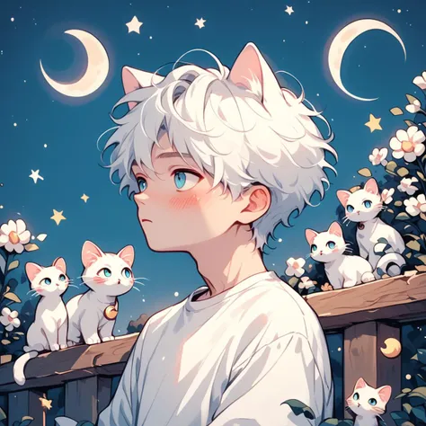 pastel style, animal ears, 1boy, cat, male focus, white hair, crescent moon, cat ears, white cat, moon, short hair, blush, sky, long sleeves, solo, animal, shirt, flower, night, white shirt, star (symbol), outdoors, night sky, blue eyes, upper body, soft color, soft hues, chalk, pigment, pastel color, pastel pencil technique, soft color tones, pastel painting, pastel (medium), score_9, score_8_up, score_7_up, score_6_up, score_5_up, score_4_up