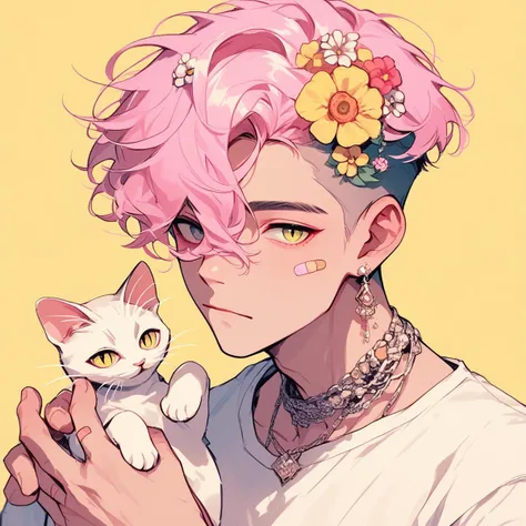 pastel style, 1boy, flower, male focus, yellow background, jewelry, pink hair, earrings, looking at viewer, cat, hair flower, hair ornament, undercut, simple background, animal, holding, white shirt, upper body, solo, short hair, shirt, bandaid on face, bandaid, holding animal, closed mouth, long sleeves, holding cat, multicolored hair, necklace, hair between eyes, yellow flower, soft color, soft hues, chalk, pigment, pastel color, pastel pencil technique, soft color tones, pastel painting, pastel (medium), score_9, score_8_up, score_7_up, score_6_up, score_5_up, score_4_up