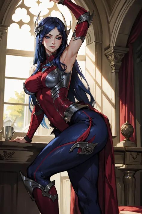 1girl,irelia, ribbon, arm ribbon,long hair, blue hair, light armor,red dress,pants,(blue pants),thight dress,boots,(big breasts),thick thighs,curvy,thicc,looking at viewer,castle,detailed castle,serious,erotic face,erotic expression,half closed eyes,smug,smirk,room,(foreshortening),masterpiece,extremely detailed CG unity 8k wallpaper, best quality,32k,focus sharp, <lora:ireliav2-000034:0.8>,  <lora:spread_armpit_left:0.8> spread armpit