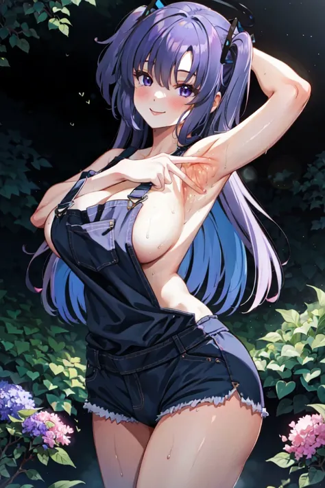 (UHD, best quality, masterpiece: 1.2), (anime), Two women in purple bikini with white bows standing on a beach, (large breasts), Kantai collection style, on the beach, Azur Lane style, standing near the beach, on a beach, (commission for high resolution), a woman with light blue hair and green eyes, both have bangs between eyes, ((brown eyes)), Blue sky with clouds in the background