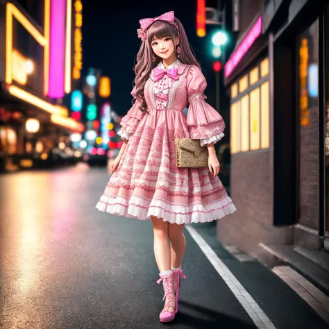 Masterpiece, high quality, 4K, beautiful design, shiny, from the front, award winning photo, extremely detailed, amazing, fine detail, absurdres,  by lee jeffries nikon d850 film stock photograph 4 kodak portra 400 camera f1.6 lens rich colors hyper realistic lifelike texture dramatic lighting unrealengine trending on artstation cinestill 800 tungsten, smiling,

lofa, a girl in a pink dress and shoes is walking, lower body focus ,woman wearing lofa, teddy bear print, ribbons, frills,
 <lora:BisqueDolls:0.9>