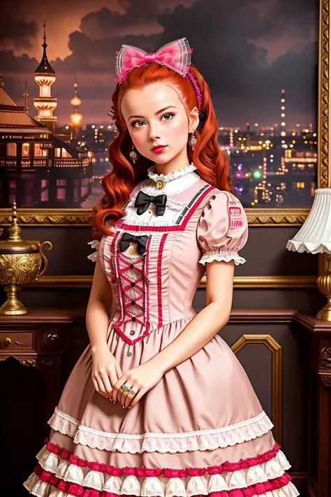 Masterpiece, high quality, 4K, beautiful design, shiny, from the front, award winning photo, extremely detailed, amazing, fine detail, absurdres, by lee jeffries nikon d850 film stock photograph 4 kodak portra 400 camera f1.6 lens rich colors hyper realistic lifelike texture dramatic lighting unrealengine trending on artstation cinestill 800 tungsten, lofa, francescacapaldi with red hair in a pink dress in a cute victorian era room ,woman wearing lofa, teddy bear print, frills, ribbons, face out of the frame, <lora:harajukuDolls_v10:0.85>