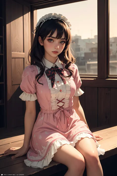 masterpiece++, best quality++, ultra-detailed+, extremely detailed++, 4K, 8K+, best quality, beautiful+, anime style,1person,full body image,room,pink girly pink mimi onepiece dress,leather belt,tight belt,beautiful straight brown hair,beautiful blue eyes, beautiful eyes++,long straight hair