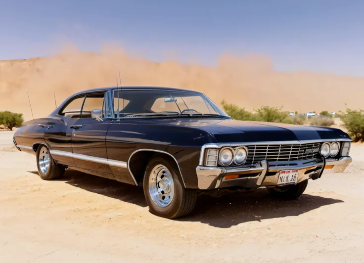 a Impala parked in the desert in bright daylight, front view, low angle, cinematic, sharp and detailed, dust cloud, sparse vegetation,
<lora:Imapala:1>