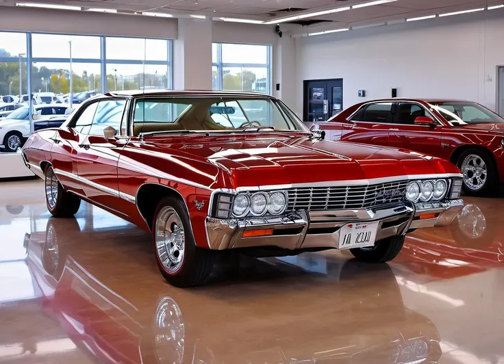 red Impala in a showroom, bright and clean, shiny, reflections onb the paint,
 <lora:Imapala:0.8>