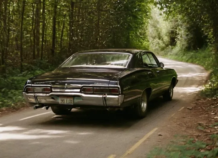 a Impala car driving on a narrow forest road in bright daylight, from behind, low angle, cinematic, sharp and detailed,
<lora:Imapala:1>
