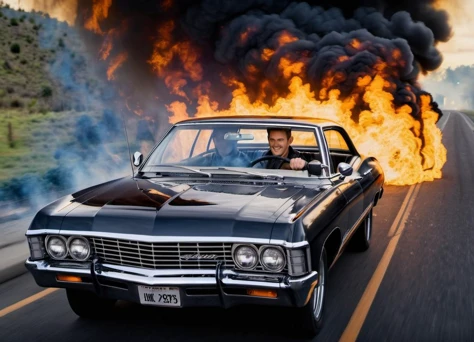 hell with a long winding road and a small Impala driving on it with a smiling driver behind the steering wheel, flames and smoke everywhere, black road, dark and gloomy,
<lora:Imapala:0.7>