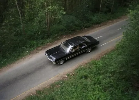a Impala car driving on a narrow forest road in bright daylight, from above, cinematic, sharp and detailed,
<lora:Imapala:1>