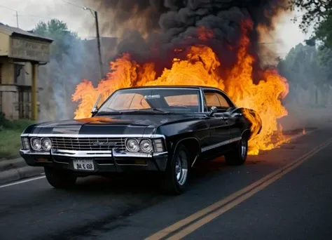a Impala driving through hell, flames and smoke everywhere, black road, dark and gloomy,
<lora:Imapala:1>