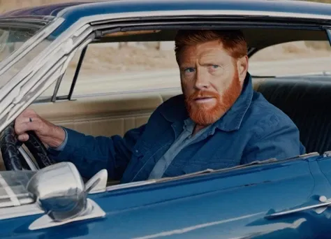 Driving shot of a n old man with red beard in a blue Impala car, cinematic and highly detailed, realistic,
<lora:Imapala:0.8>