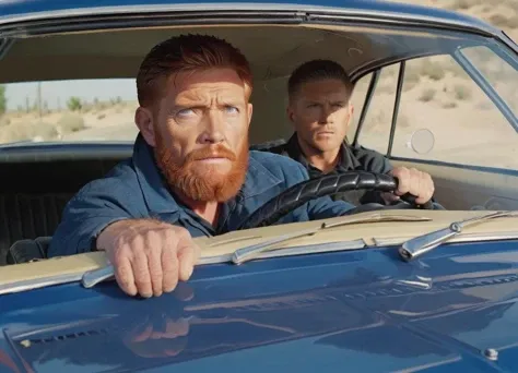 Driving shot of a n old man with red beard in a blue Impala car from the front, cinematic and highly detailed, realistic,
<lora:Imapala:0.8>