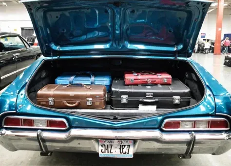 <lora:Chevrolet_Impala_67:0.6> shiny blue chevrolet impala 1967 car, view inside the trunk, filled with suitcases,
