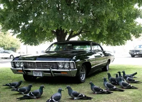 <lora:Chevrolet_Impala_67:0.6> chevrolet impala 1967 car, parked under a big shady tree with a flock of pigeons all around it,