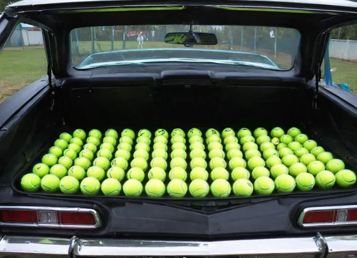<lora:Chevrolet_Impala_67:0.6> chevrolet impala 1967 car, inside filled with tennis balls,