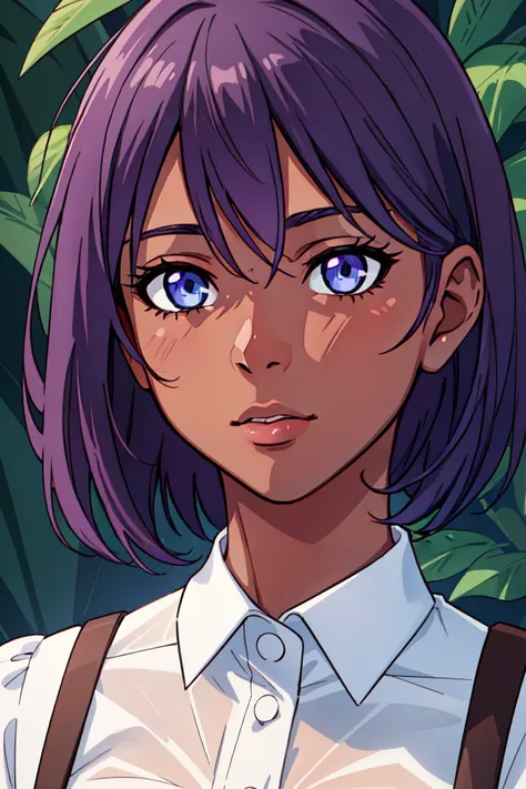 1girl, solo, short hair, blue eyes, purple hair, upper body, dark skin, dark-skinned female, shirt, :V, EarthPorcelain