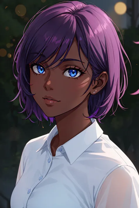 1girl, solo, short hair, blue eyes, purple hair, upper body, dark skin, dark-skinned female, shirt, :V, EarthPorcelain
