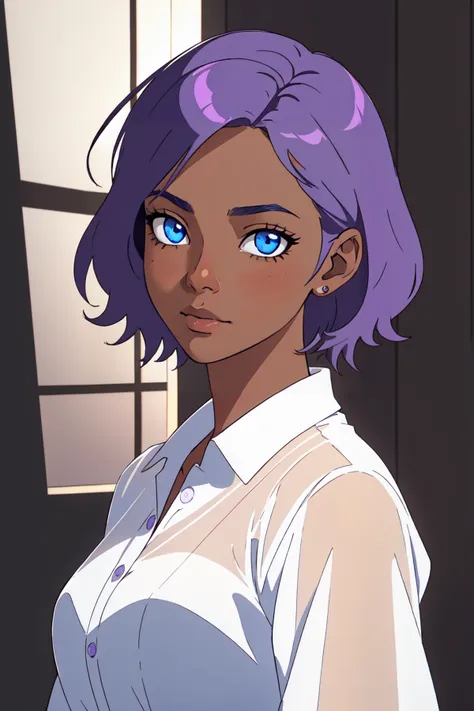 1girl, solo, short hair, blue eyes, purple hair, upper body, dark skin, dark-skinned female, shirt, :V, EarthPorcelain