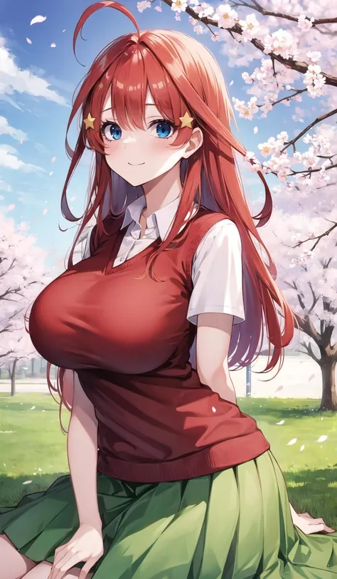 masterpiece, best quality, 1girl, nakano itsuki, solo, skirt, green skirt, blue eyes, red hair, long hair, star (symbol), breasts, shirt, blush, star hair ornament, ahoge, hair ornament, white shirt, huge breasts,  large breasts, looking at viewer, short sleeves, bangs, smile, red sweater, sweater vest, pleated skirt, collared shirt, school uniform, hair between eyes, cowboy shot, sitting,  outdoors, day, tree, cherry blossoms,  <lora:itsuki_nakano_final_final:0.8>