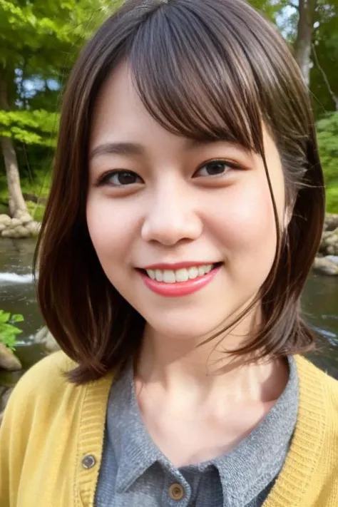 1girl,(wearing buttoned blouse and cardigan:1.2),(RAW photo, best quality), (realistic, photo-realistic:1.4), masterpiece, an extremely delicate and beautiful, extremely detailed, 2k wallpaper, Amazing, finely detail, extremely detailed CG unity 8k wallpaper, ultra-detailed, highres, soft light, beautiful detailed girl, extremely detailed eyes and face, beautiful detailed nose, beautiful detailed eyes,cinematic lighting,in a beautiful forest of pine trees at a Japanese countryside,autumn scenery,maple trees in autumn,by a small rocky river,perfect anatomy,slender body,smiling, <lora:otsukasae_lora:0.8>