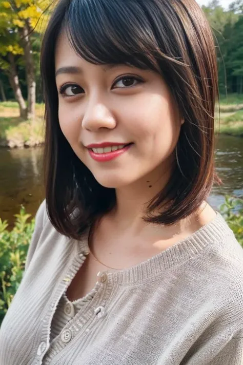 1girl,(wearing buttoned blouse and cardigan:1.2),(RAW photo, best quality), (realistic, photo-realistic:1.4), masterpiece, an extremely delicate and beautiful, extremely detailed, 2k wallpaper, Amazing, finely detail, extremely detailed CG unity 8k wallpaper, ultra-detailed, highres, soft light, beautiful detailed girl, extremely detailed eyes and face, beautiful detailed nose, beautiful detailed eyes,cinematic lighting,in a beautiful forest of pine trees at a Japanese countryside,autumn scenery,maple trees in autumn,by a small rocky river,perfect anatomy,slender body,smiling, <lora:otsukasae_lora:0.8>