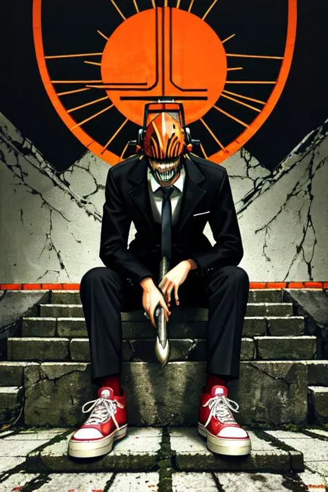 <lora:csm_denji:1>, 1boy, black jacket blood, chainsaw man, male focus, necktie, open mouth, pants, sharp_teeth, shirt, shoes, smile, solo, teeth, tongue, weapon, denji, cinematic, <lora:obata_takeshi_offset:0.8>, obata takeshi