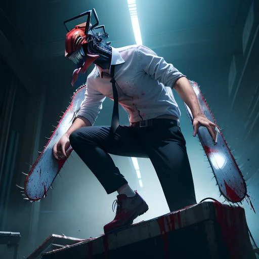 (masterpiece, best quality:1.2), <lora:csm_denji-10:1>, solo, male focus, 1boy, chainsaw man, chainsaw, sharp teeth, open mouth, tongue, white collared shirt, (blood_on_clothes:1.2), black necktie, black pants , standing on a pile of corpse, cyber punk