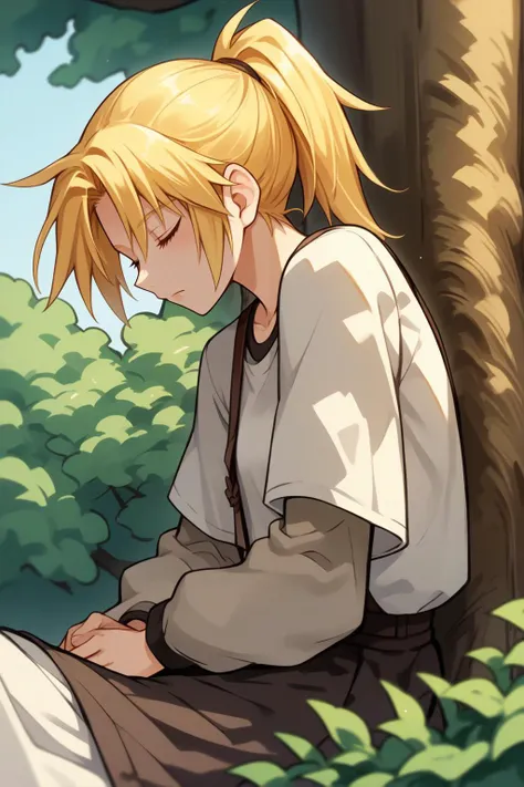 source_anime, score_9, score_8_up, solo, 1girl, <lora:ff7claudia-pdxl-nvwls-v1:0.8> ff7Claudia, yellow hair, ponytail, sleeping, sitting, leaning against tree, outdoors,