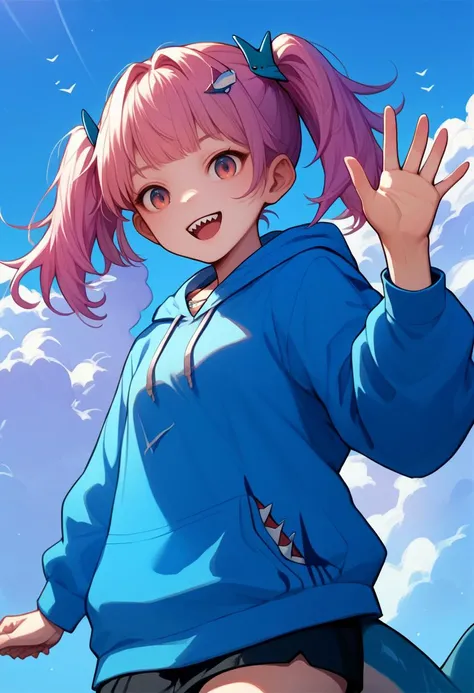 score_9, score_8_up, score_7_up, source_anime, rating questionable, waving, <lora:gawr_gura_sdxl_pony:.95> gawr gura, blue hoodie, two side up, shark hair ornament, shark tail,