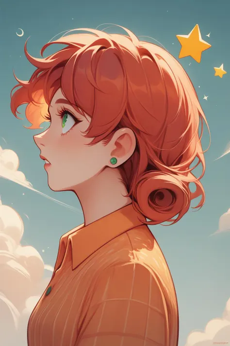 score_9, score_8_up, 1girl <lora:NSPennyStardew:1> NSPennyStardew, green eyes, short hair, red hair, earrings, curly hair, yellow collared shirt, orange skirt, side view, awe, looking up, falling star, upper body shot