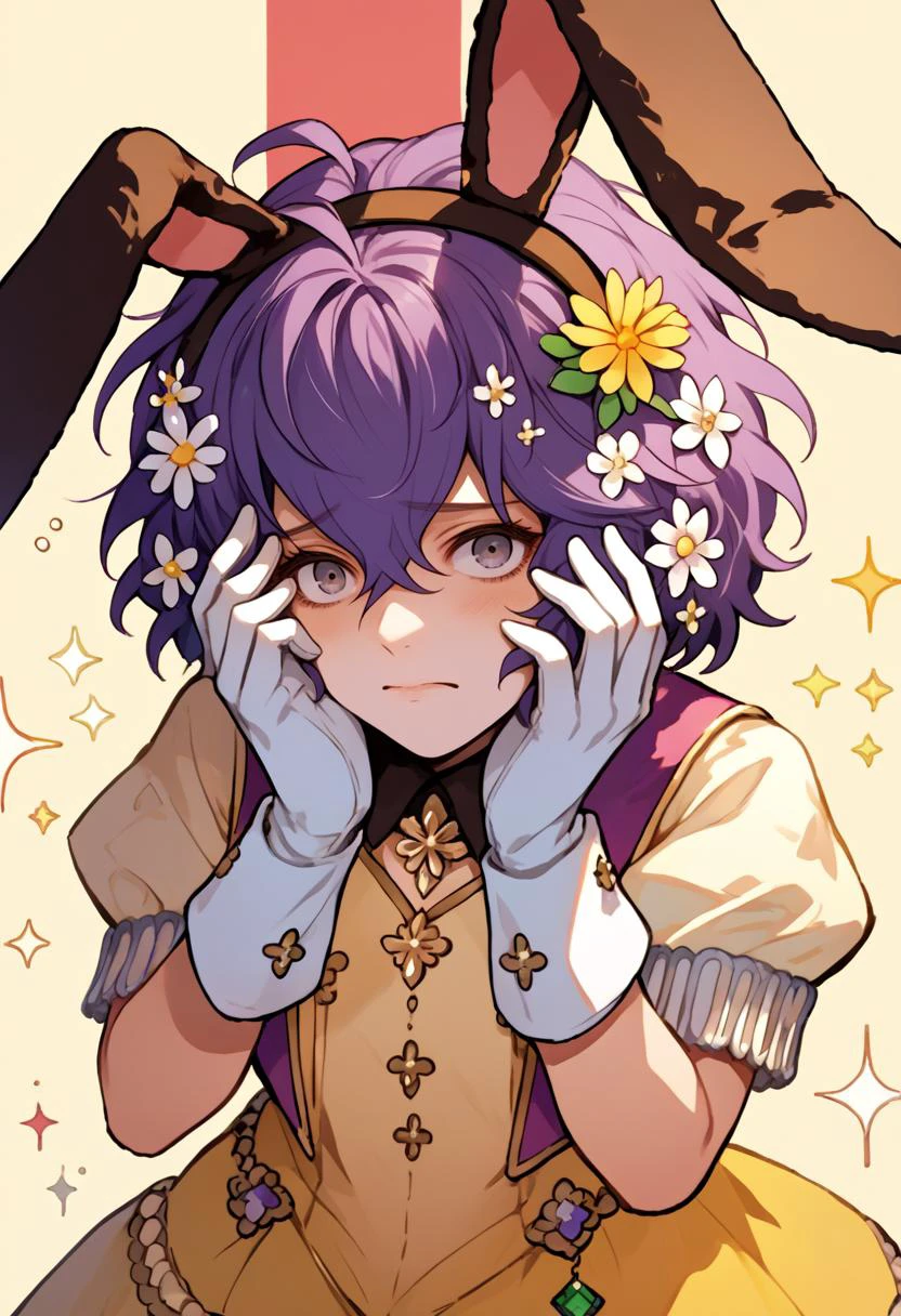 score_9, score_8_up, score_7_up, source_anime, rating questionable, hands on face, <lora:bernadetta-pdxl-nvwls-v1:.95> sprBernie, messy hair, hairband, fake animal ears, fake rabbit ears, hair flower, yellow dress, white gloves, yellow skirt, puffy short sleeves, thigh boots