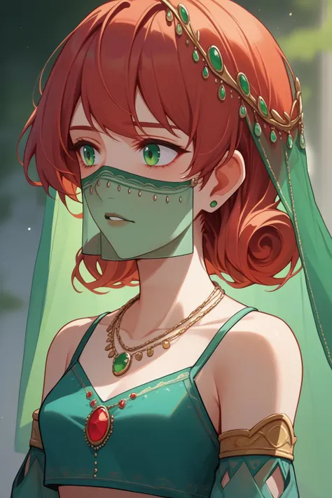 score_9, score_8_up, 1girl <lora:NSPennyStardew:1> NSPennyStardew, short hair, curly hair, red hair, (green veil, green mouth veil), detached sleeves, white crop top, jewels, necklace, upper body shot