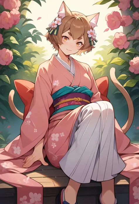 score_9, score_8_up, score_7_up, source_anime, female, <lora:FelixXL:1>, cat ears, cat tail, brown hair, thick eyebrows, short hair, kimono, sitting, footwear, head tilt, light smile,