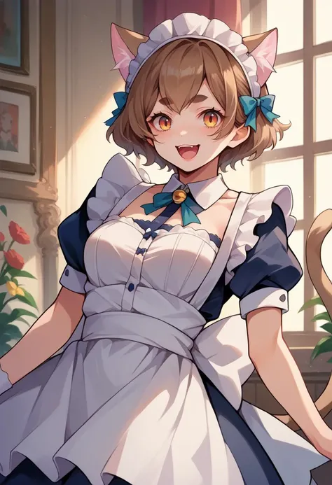 score_9, score_8_up, score_7_up, source_anime, female, <lora:FelixXL:1>, cat ears, cat tail, brown hair, thick eyebrows, short hair, medium breasts, maid uniform, maid headdress, maid apron, open mouth, happy,