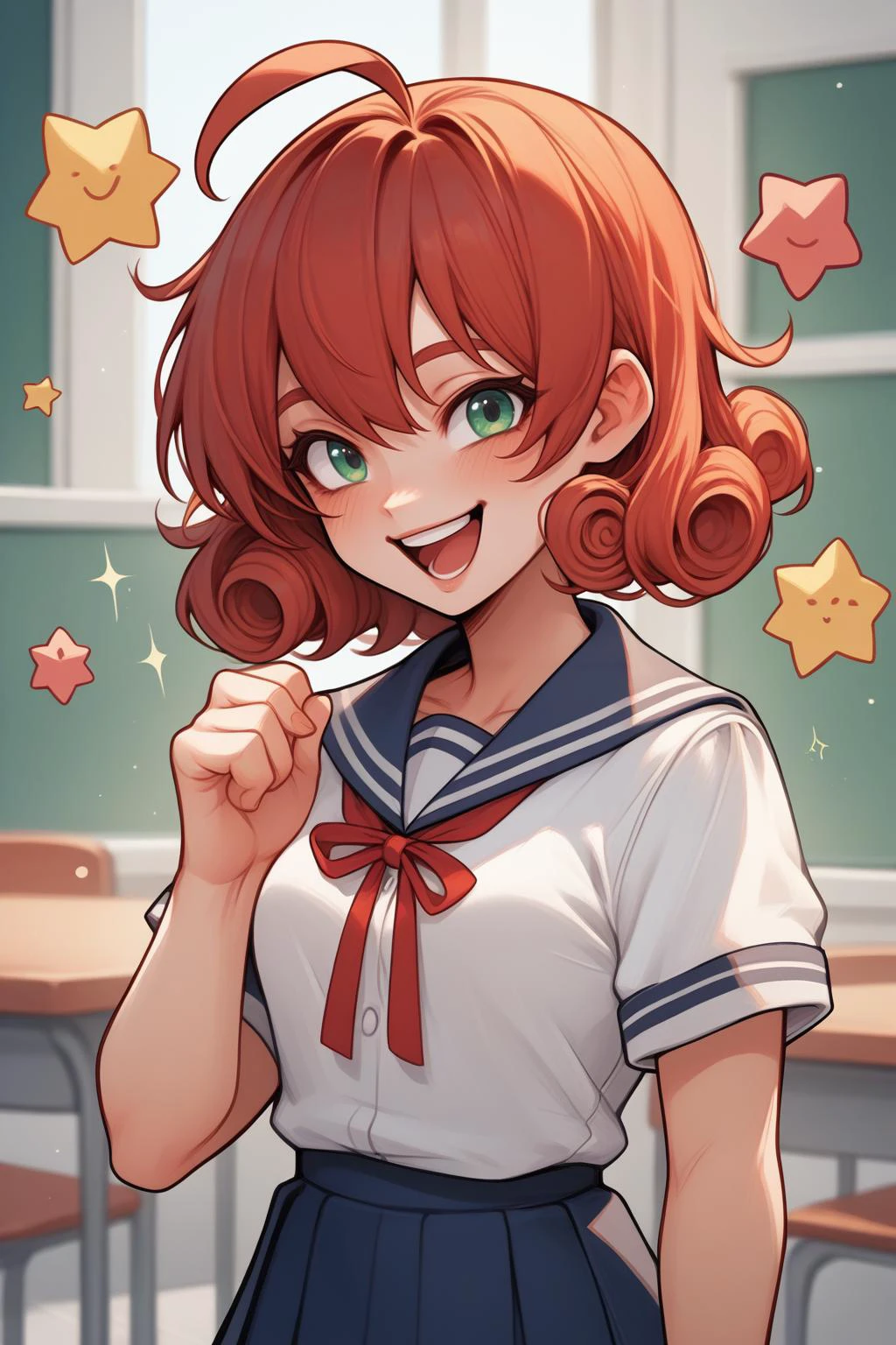 score_9, score_8_up, 1girl <lora:NSPennyStardew:1> NSPennyStardew, short hair, curly hair, red hair, school uniform, happy, ahoge, chibi